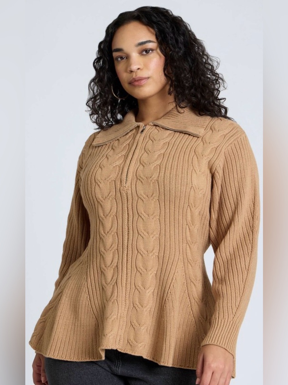 Eloquii Camel Cable-Knit Half-Zip Sweater